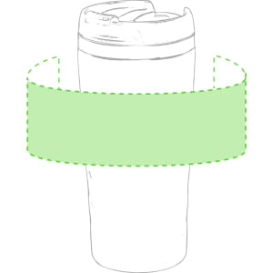 A travel mug with a lid, featuring a green outline, designed for insulation. It has a branding logo.