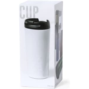 A white insulated cup with a black lid, packaged in a box. It features a logo on the cup.