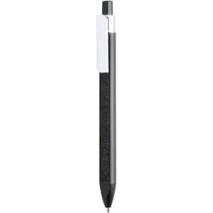 A black plastic pen with a textured grip and a silver clip, featuring a logo on the barrel.