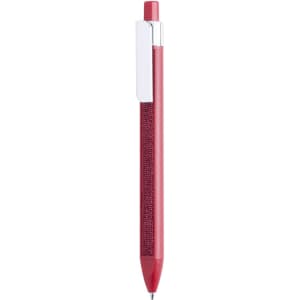 A plastic pen in vibrant red with a sparkly grip and silver clip. It features a smooth writing tip.
