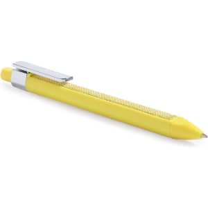 A yellow plastic pen with a silver clip and a textured grip, featuring a branding logo.