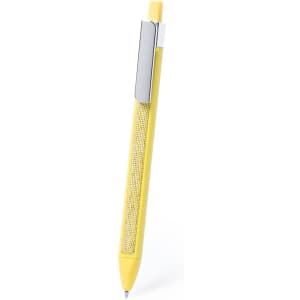 A yellow plastic pen with a decorative grip and a silver clip.