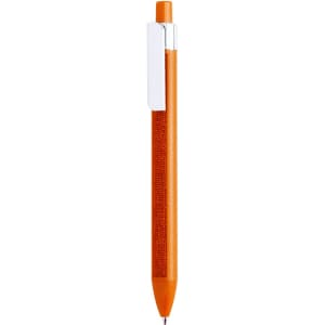 An orange plastic pen with a textured grip and a silver clip. It features a black writing tip.