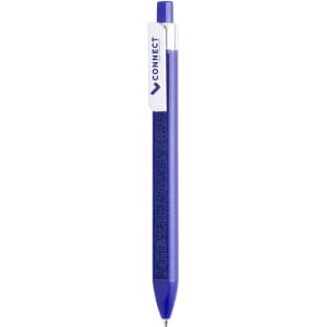 A blue plastic pen with a textured grip and a clip featuring a logo.