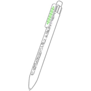 A plastic pen with a transparent barrel and a green clip, featuring a simple design.
