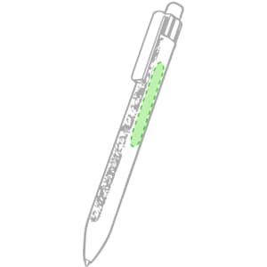 A plastic pen featuring a transparent barrel with a green accent and a clip for easy attachment.