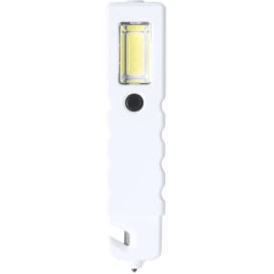 A white emergency hammer with a built-in light, featuring a textured grip and a black activation button.