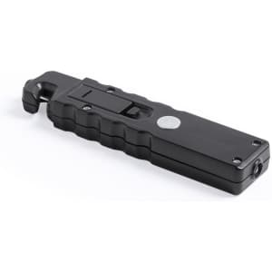 A black emergency hammer tool with a textured grip and a hook at one end, featuring a button and a small logo.