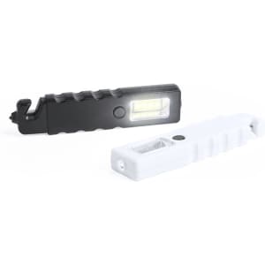 A black and white emergency hammer with a built-in light, featuring a hook and a flat grip design.