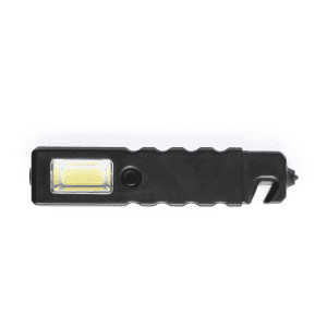 A black emergency hammer tool with a built-in light and a hook. Features a textured grip and a logo.
