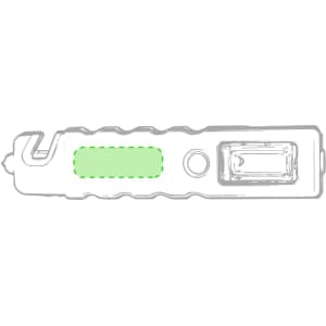 A green emergency hammer with a textured grip, featuring a window breaker and a loop for keyring attachment.