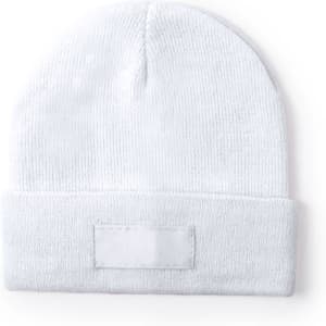 A white beanie hat featuring a fold-up cuff and a blank label area on the front.
