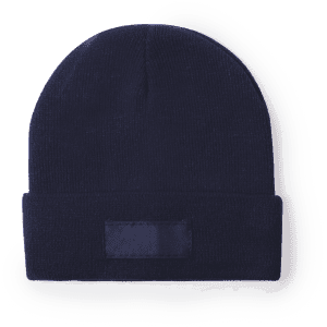 A navy blue beanie with a folded cuff and a logo patch on the front.