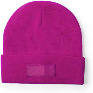 A bright pink beanie featuring a fold-over cuff and a blank patch area on the front.