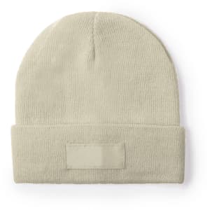 A beige beanie hat with a folded cuff and a blank area for branding.