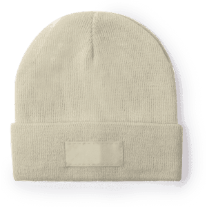 A beige beanie hat with a folded cuff and a blank patch for logos or branding.