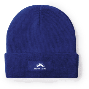 A blue beanie featuring a fold-over cuff and a logo patch on the front.
