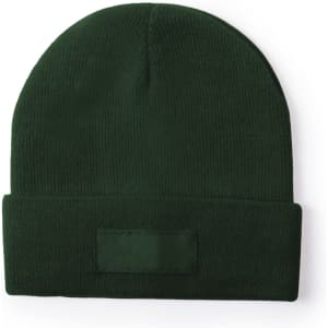 A dark green beanie hat with a folded cuff and a space for a logo or branding.