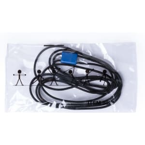 A black exercise band with a blue connector, packaged in a clear plastic pouch.