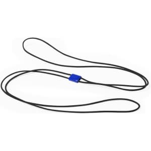 A black exercise band with a blue connector in the centre, suitable for sports and fitness activities.