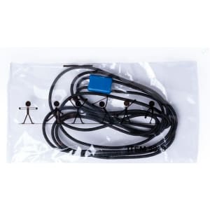A package containing a black exercise band with a blue connector, featuring stick figure illustrations.