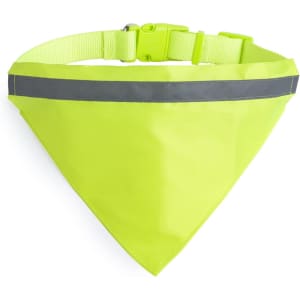 A bright yellow bandana pet collar with a reflective strip, featuring an adjustable clip. It is designed for pets.