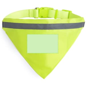 A bright yellow bandana pet collar with a reflective strip and an area for customisation. Features an adjustable strap.