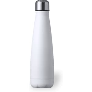 A drink bottle in a sleek white design with a silver-coloured cap and a branded logo.
