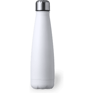 A drink bottle in sleek white with a silver cap, featuring a smooth exterior and a logo.