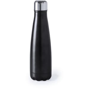 A drink bottle in a sleek black finish with a stainless steel lid and a rounded base. It features a logo.