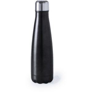 A drink bottle in sleek black with a metallic silver cap, featuring a logo on its surface.