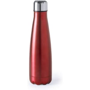 A drink bottle in a sleek red design with a shiny silver lid and a smooth contoured shape. It features a logo.