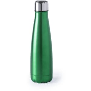 A drink bottle featuring a sleek green design with a metallic silver cap and a simple logo.