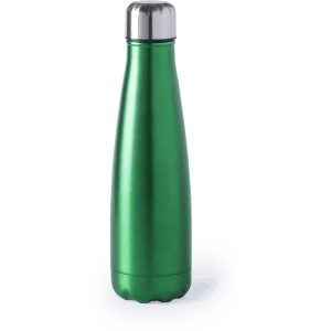 A drink bottle in a vibrant green colour, featuring a stainless steel lid and a sleek, tapered design.