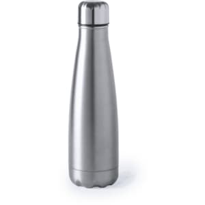 A drink bottle in a sleek stainless steel design with a screw-top lid and a rounded body. Features a logo.