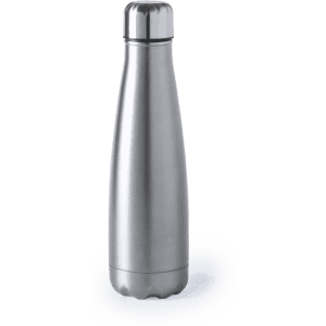 A drink bottle in a sleek silver stainless steel design with a rounded bottom and a screw top lid.