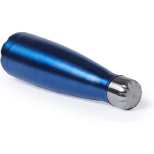 A drink bottle in a sleek blue design with a silver metal base and an ergonomic shape. It features a logo.