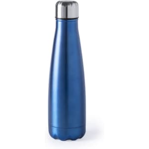 A drink bottle in a shiny blue finish with a metallic silver lid. Features a logo on the surface.