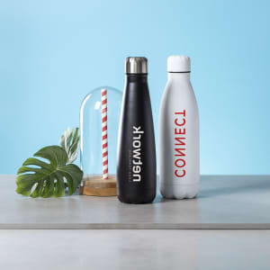 A drink bottle set featuring a black bottle and a white bottle with a logo, placed on a light blue background.