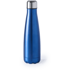 A drink bottle in metallic blue with a stainless steel cap and a sleek, contoured design.