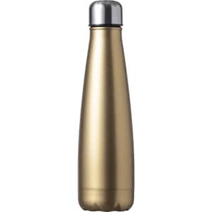 A drink bottle in a sleek gold finish with a stainless steel lid and a logo.