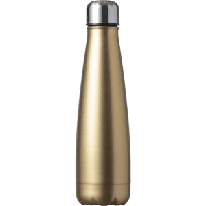 A drink bottle in a sleek gold finish with a stainless steel lid and a smooth, curved design.