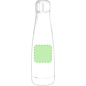 A drink bottle in a clear design with a curvy shape and a green outline for branding.
