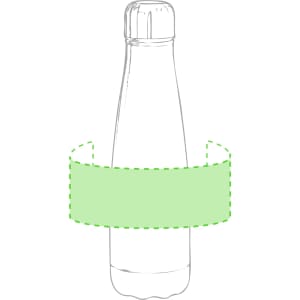 A drink bottle in a sleek design, featuring a green band. The bottle has a round base and a screw-on lid.