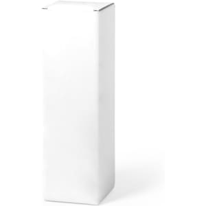 A drink bottle in a plain white box, featuring a minimalistic design. The box is upright and rectangular in shape.