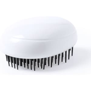 A white hairbrush with black bristles, featuring a smooth oval design and a simple logo.