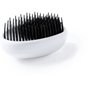 A white hairbrush with a rounded design and black bristles, featuring a branding logo.