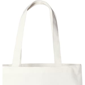 A white tote bag featuring long handles and a simple design. It has a branding logo.