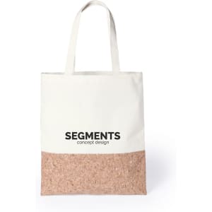 A tote bag featuring a cream upper section and a textured pink cork lower section, with a logo.