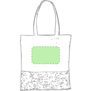 A tote bag featuring a white top section and a patterned grey bottom, with an area for branding.